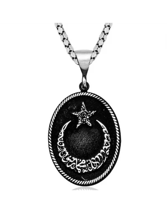 Gümüş Kelime-i Tevhid Yazılı Ay Yıldız Kolye