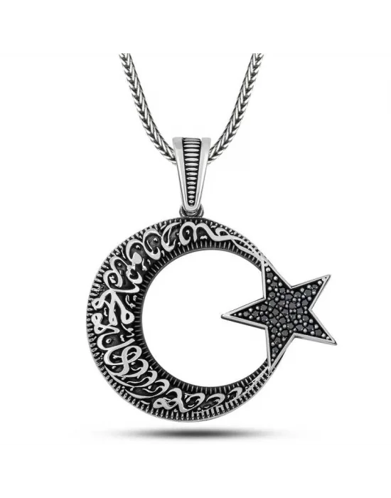 Gümüş Kelime-i Tevhid Yazılı Taşlı Erkek Kolye