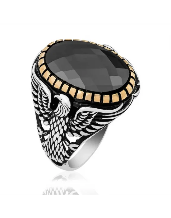 Gümüş Kesme Taşlı Kartal Figürlü Erkek Yüzük