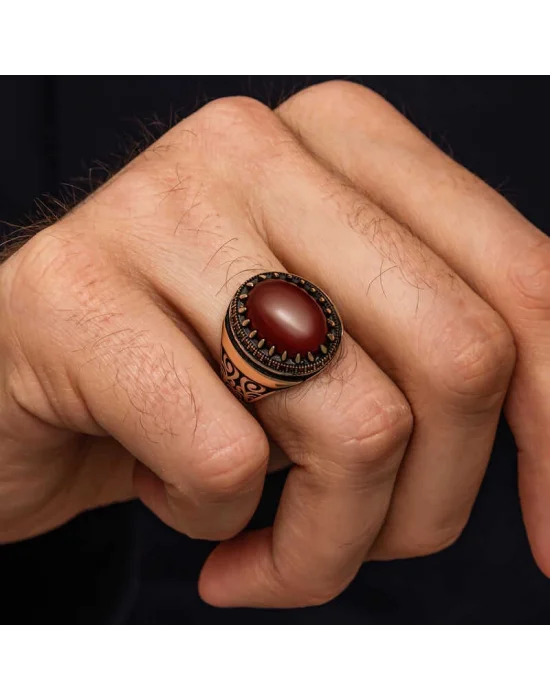 Gümüş Kırmızı Akik Taşlı Desenli Erkek Yüzük