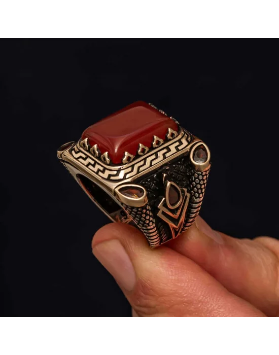 Gümüş Kırmızı Akik Taşlı Erkek Yüzük