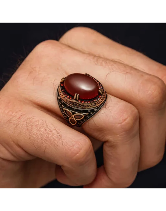 Gümüş Kırmızı Akik Taşlı Erkek Yüzük