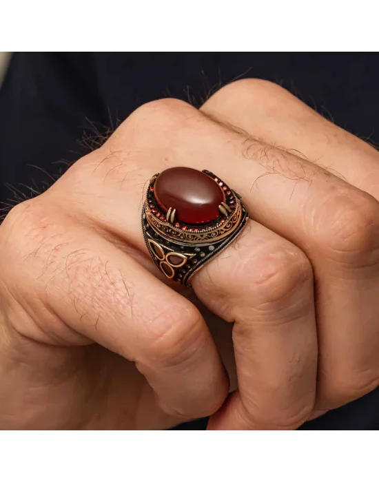 Gümüş Kırmızı Akik Taşlı Erkek Yüzük