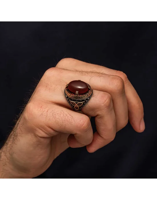 Gümüş Kırmızı Akik Taşlı Erkek Yüzük