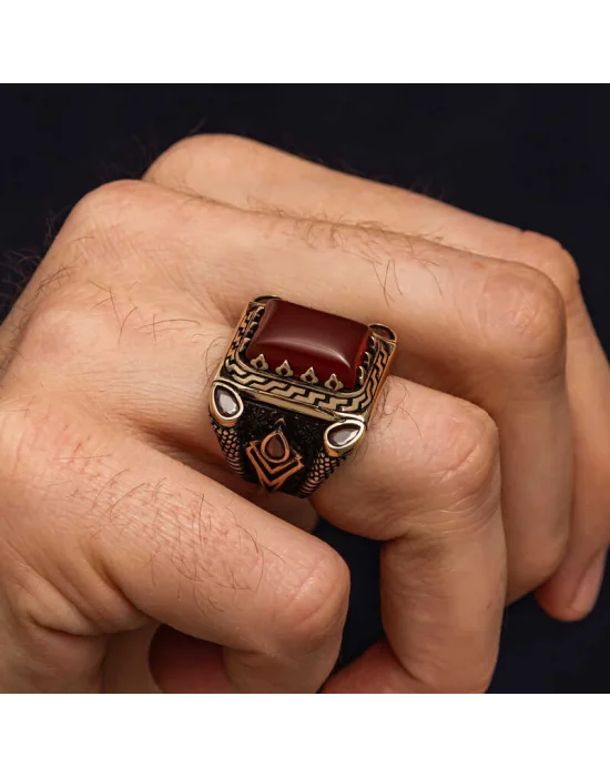 Gümüş Kırmızı Akik Taşlı Erkek Yüzük