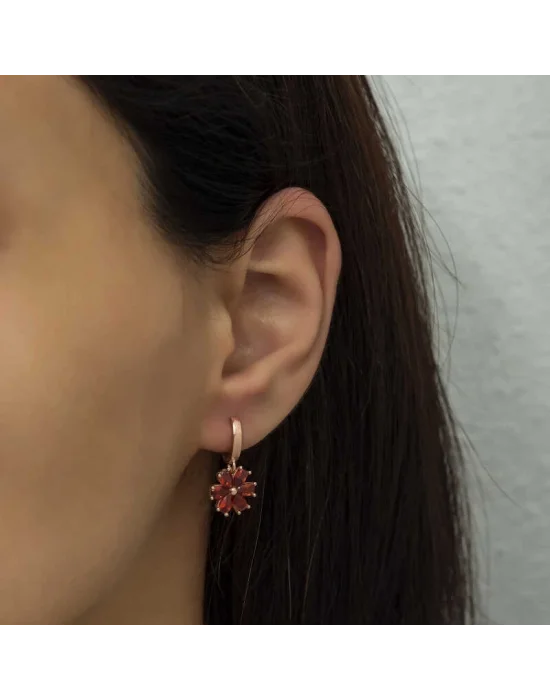 Gümüş Kırmızı Çiçek Bayan Küpe