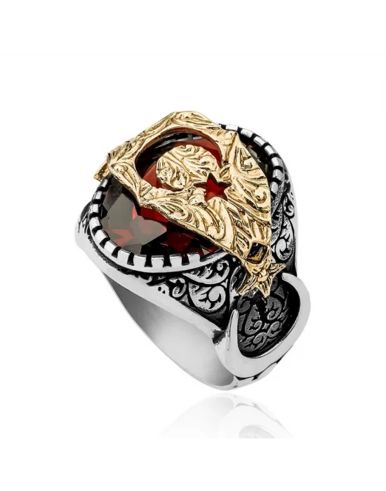 Gümüş Kırmızı Fasetli Taşlı Ay Yıldız Erkek Yüzük