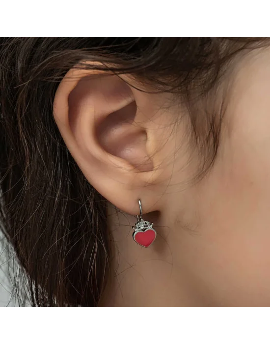 Gümüş Kırmızı Kalp Sallantılı Çocuk Küpe