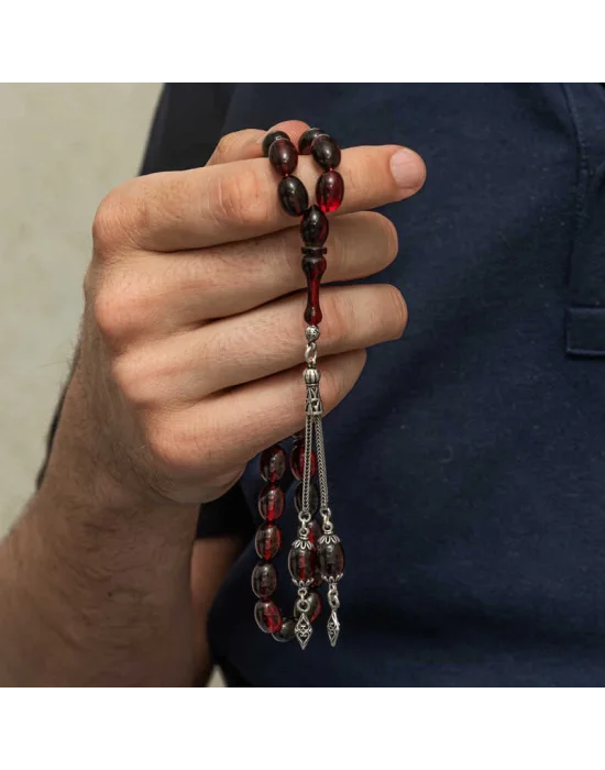 Gümüş Kırmızı Siyah Ateş Kehribar Tesbih