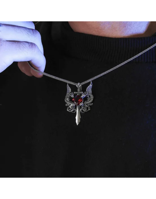 Gümüş Kırmızı Taşlı Ejderha Erkek Kılıç Kolye
