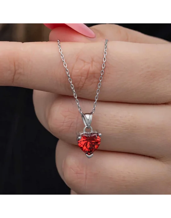 Gümüş Kırmızı Taşlı Kalpli Kadın Kolye