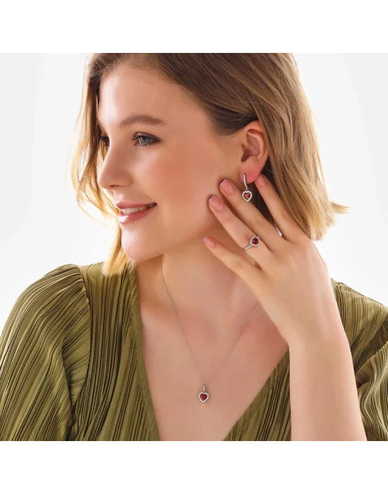 Gümüş Kırmızı Taşlı Kalpli Kadın Set