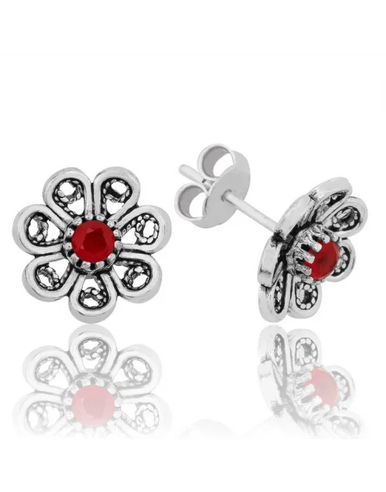 Gümüş Kırmızı Telkari Çiçek Çivili Küpe