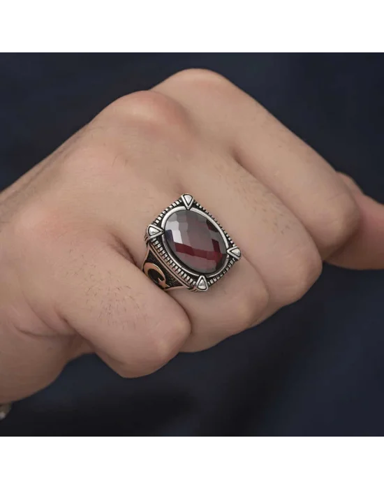 Gümüş Kırmızı Zirkon Taşlı Erkek Yüzük