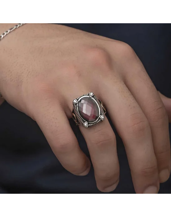 Gümüş Kırmızı Zirkon Taşlı Erkek Yüzük