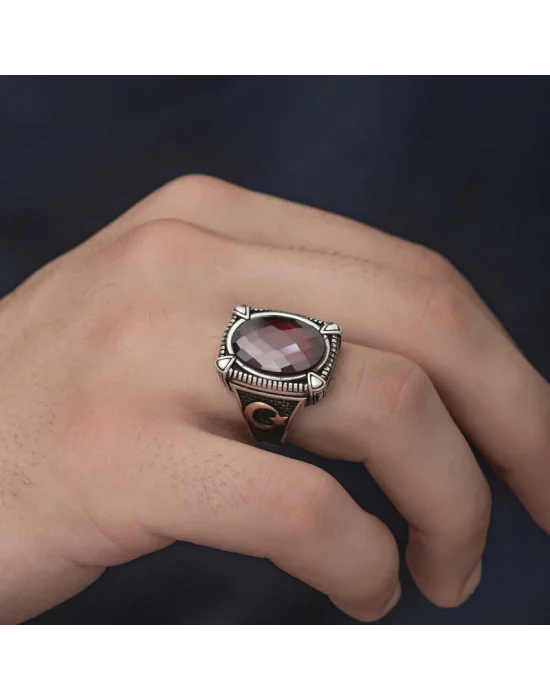 Gümüş Kırmızı Zirkon Taşlı Erkek Yüzük