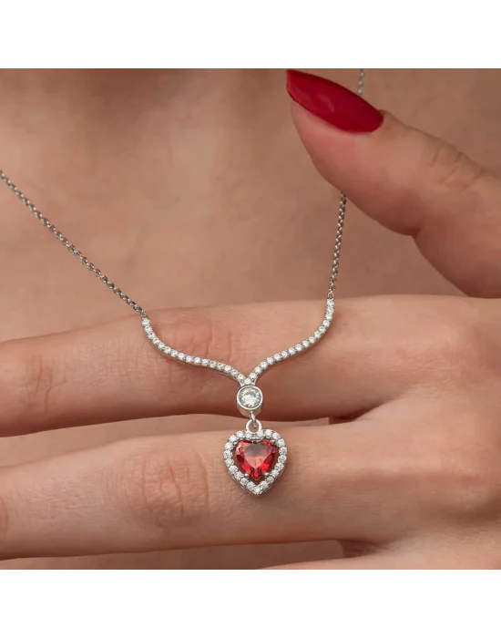 Gümüş Kırmızı Zirkon Taşlı Kalp Kadın Kolye