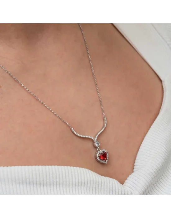 Gümüş Kırmızı Zirkon Taşlı Kalp Kadın Kolye