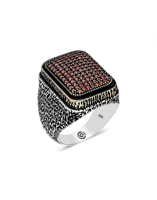 Gümüş Kırmızı Zirkon Taşlı Kare Erkek Yüzük