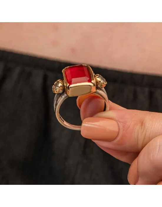 Gümüş Kırmızı Zirkon Taşlı Otantik Kadın Yüzük