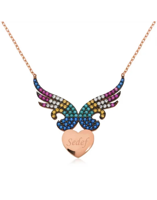 Gümüş Kişiye Özel İsimli Kanatlı Kalp Bayan Kolye