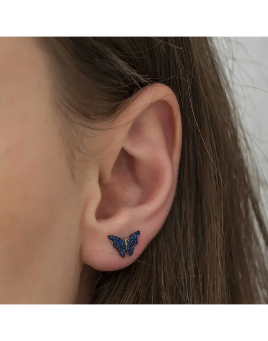 Gümüş Lacivert Kelebek Küpe