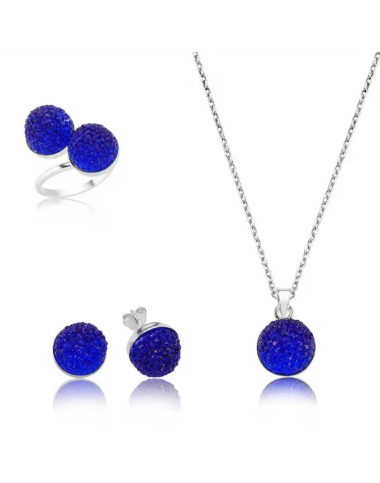 Gümüş Lacivert Kristal Taşlı Bayan Set