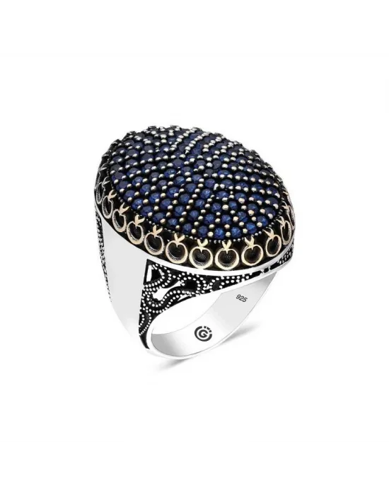 Gümüş Lacivert Zirkon Taşlı Oval Erkek Yüzük