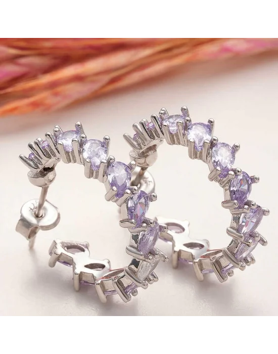 Gümüş Lila Taşlı Damla Çivili Kadın Küpe