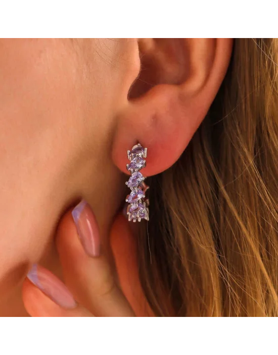 Gümüş Lila Taşlı Damla Çivili Kadın Küpe