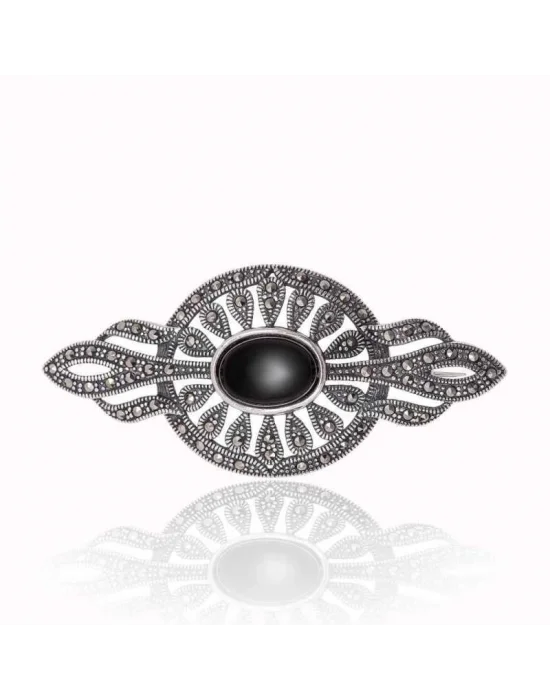 Gümüş Markazit ve Oniks Taşlı Broş