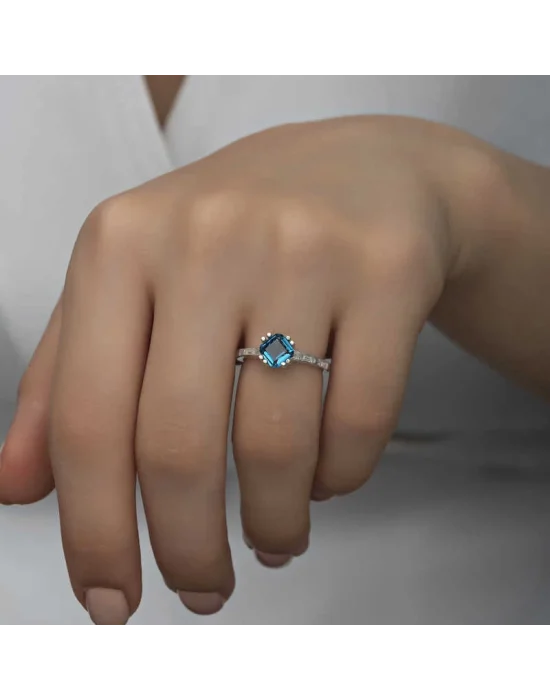 Gümüş Mavi Baget Tek Taş Kadın Yüzük