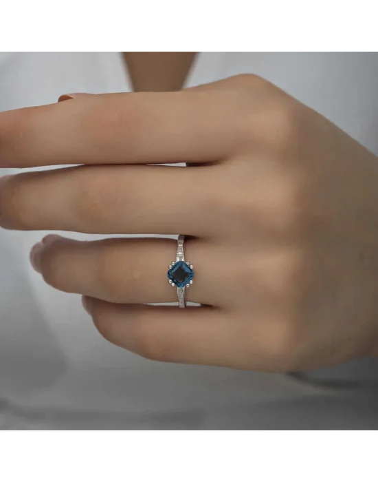 Gümüş Mavi Baget Tek Taş Kadın Yüzük