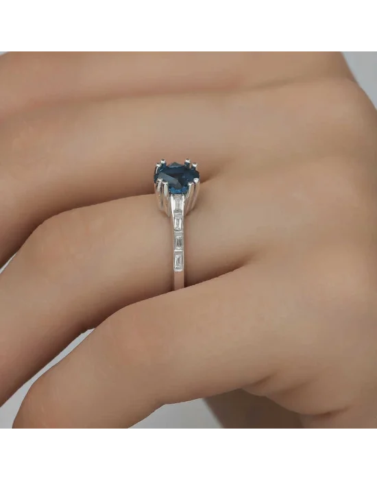 Gümüş Mavi Baget Tek Taş Kadın Yüzük