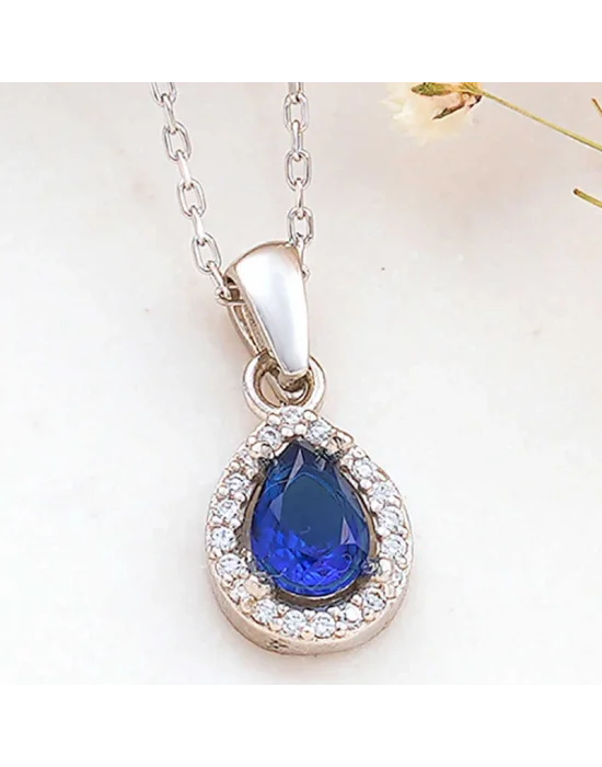 Gümüş Mavi Damla Zirkon Taşlı Kadın Kolye