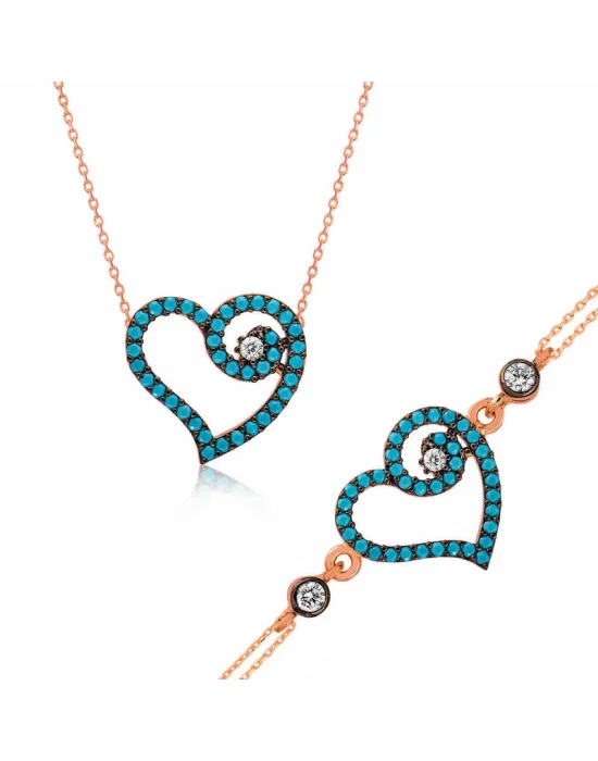 Gümüş Mavi Kalpli Bayan Set