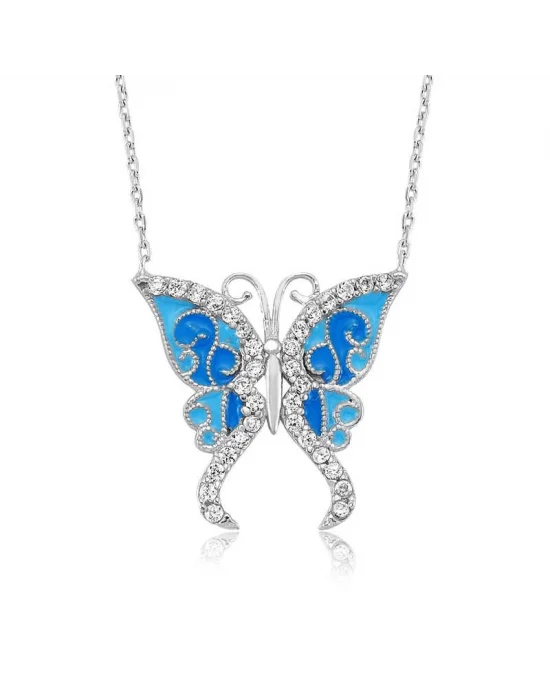 Gümüş Mavi Kelebek Bayan Kolye