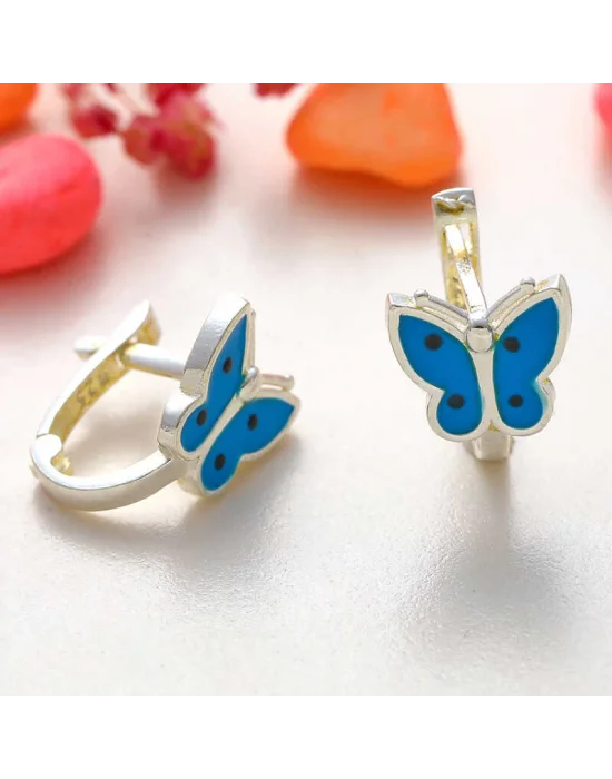 Gümüş Mavi Kelebek Çocuk Küpesi