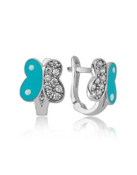 Gümüş Mavi Kelebek Çocuk Küpesi