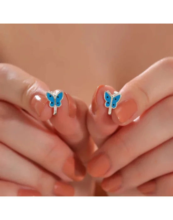 Gümüş Mavi Kelebek Çocuk Küpesi