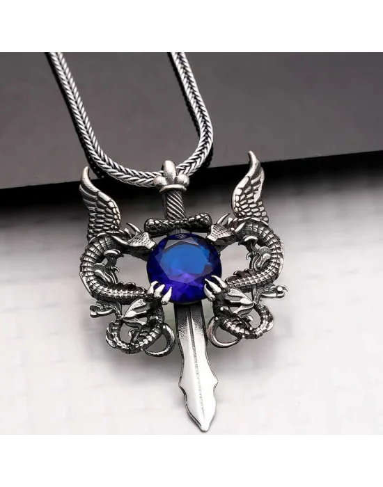 Gümüş Mavi Taşlı Ejderha Erkek Kılıç Kolye