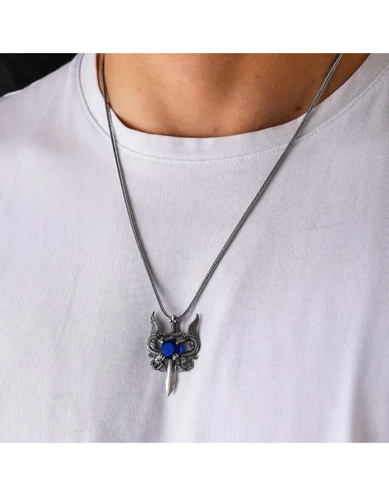 Gümüş Mavi Taşlı Ejderha Erkek Kılıç Kolye