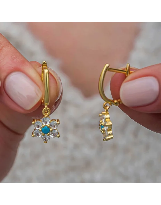 Gümüş Mavi Taşlı Gold Çiçek Kadın Küpe