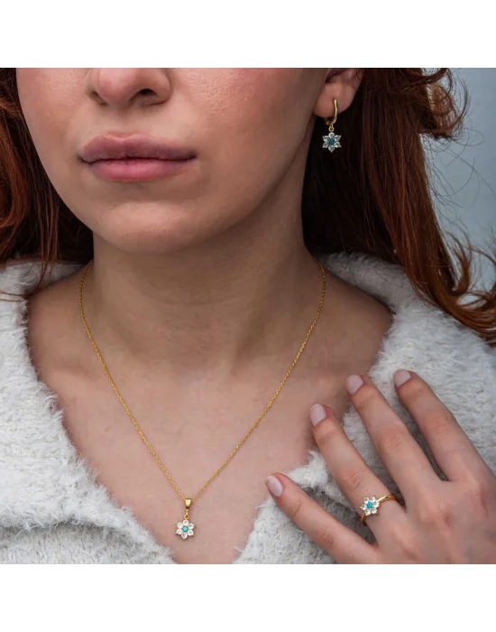 Gümüş Mavi Taşlı Gold Çiçek Kadın Set