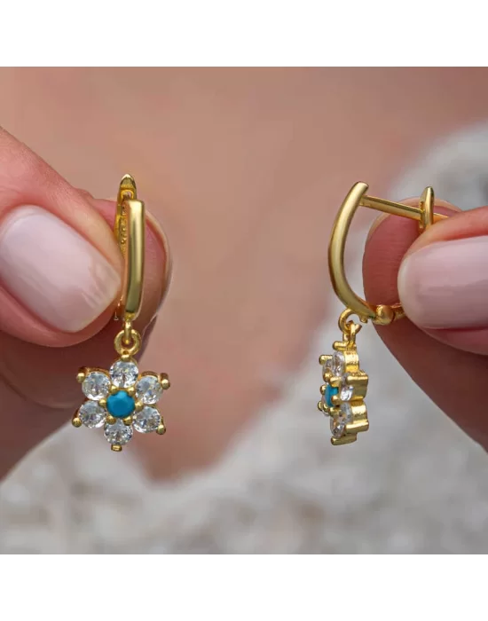 Gümüş Mavi Taşlı Gold Çiçek Kadın Set