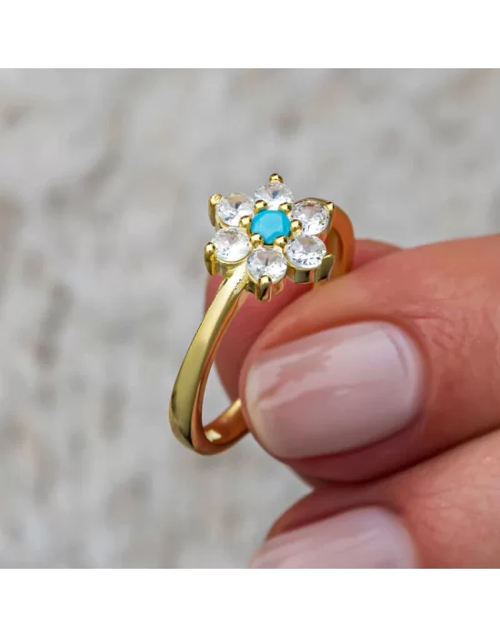 Gümüş Mavi Taşlı Gold Çiçek Kadın Set