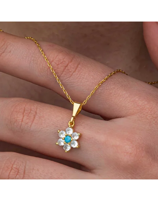 Gümüş Mavi Taşlı Gold Çiçek Kadın Set