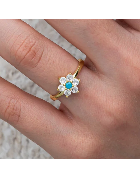 Gümüş Mavi Taşlı Gold Çiçek Kadın Yüzük