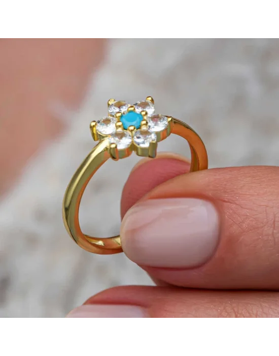 Gümüş Mavi Taşlı Gold Çiçek Kadın Yüzük