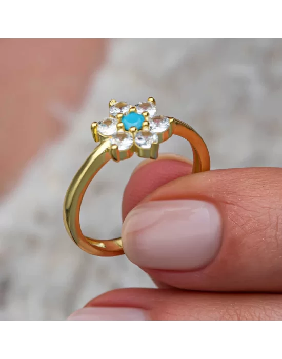 Gümüş Mavi Taşlı Gold Çiçek Kadın Yüzük
